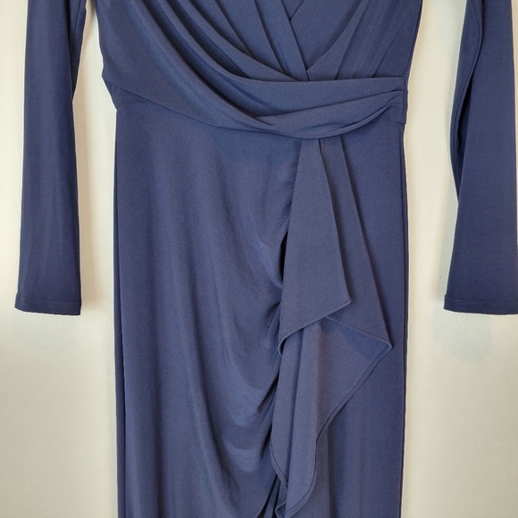 NWT Betsy & Adam Elle Long Sleeve Side Ruffled Slit Gown Navy Sz 4 - Picture 9 of 13